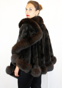 brown mink fur poncho with fox fur trim