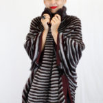 Striped mink fur and wool poncho