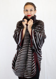 Striped mink fur and wool poncho